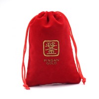 Custom printed golden logo luxury drawstring wedding gift bag small red velvet jewelry pouch