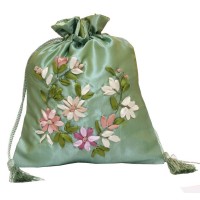 Customized Silk Fabrics Drawstring Bag Satin Pouch with Embroidery